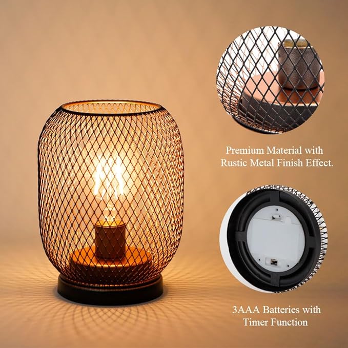 TRIROCKS Set of 2 Battery Operated Lamp LED Table Lantern, Metal Cage Cordless Lamps with LED Bulb