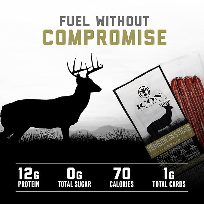 ICON Meats Venison and Pork Snack Sticks - Garlic Flavor - 6 Packs Per Box, 4 Sticks Per Pack, All