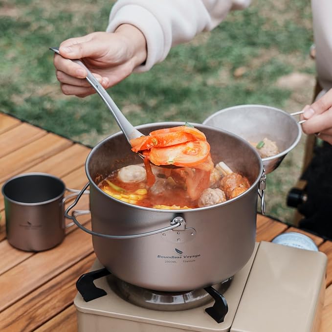 iBasingo Titanium Camping Pot with Lid 2.9L Ultralight Backpacking Cookware with Foldable Handle