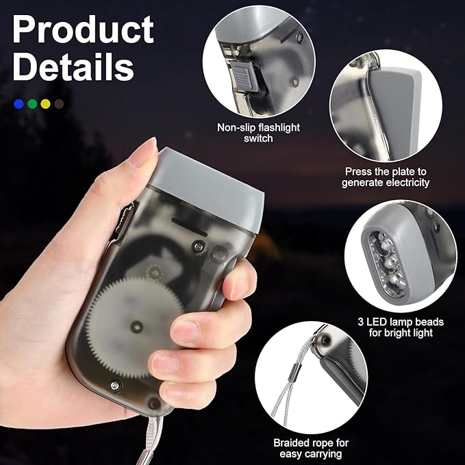 Retisee 48 Pcs Hand Crank Flashlight No Battery Required Torch Light Manual Press Flashlight 3 LED