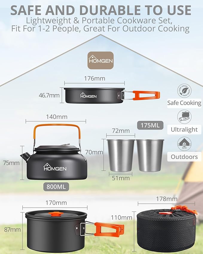 HOMGEN 12-Pieces Ultralight Anodized Aluminum Camping Cookware Set for 2 People - Nesting Pot/Pan