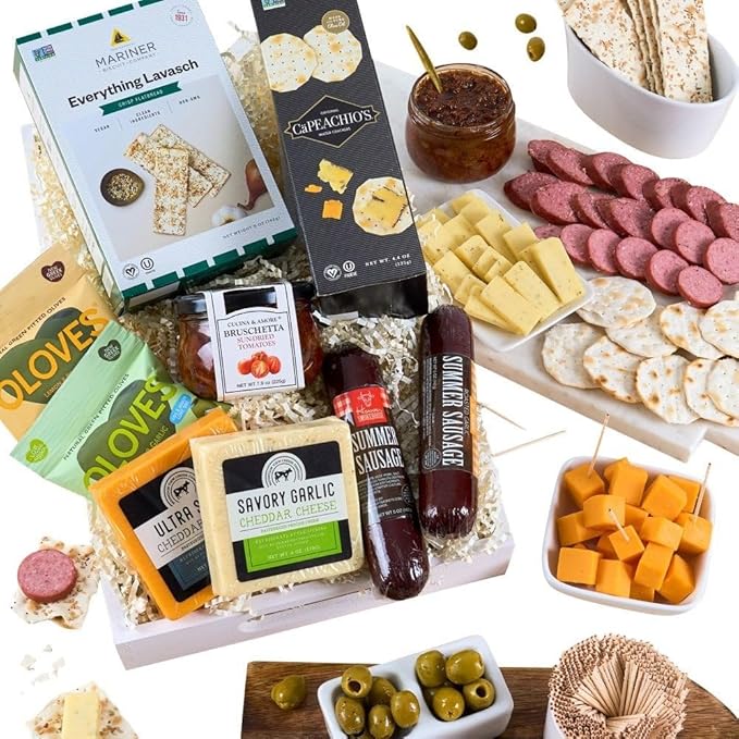 Gourmet Meat & Cheese Sampler Gift Basket - Deluxe Charcuterie Cheese Platter