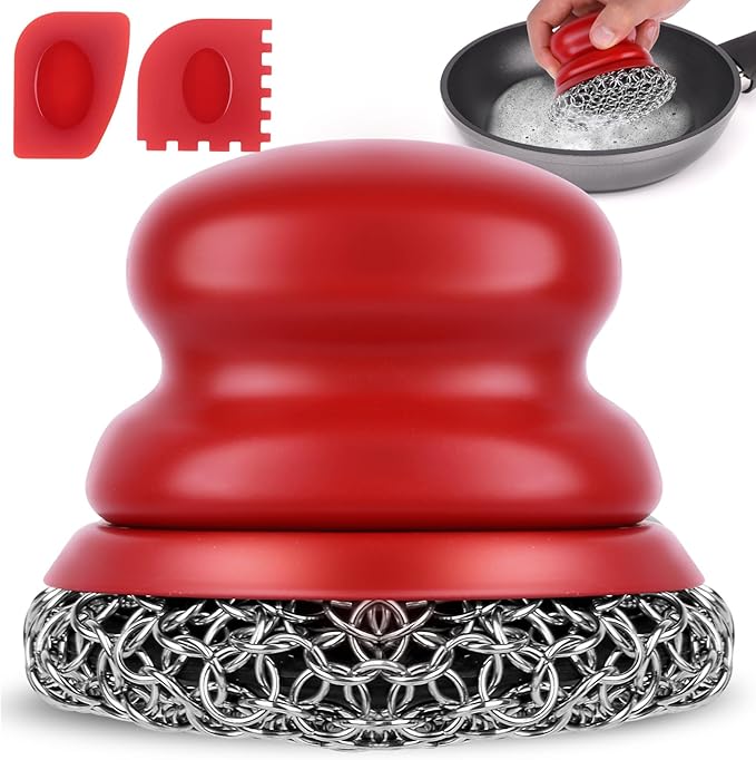 Onewly Cast Iron Scrubber and Scraper, Chain Mail Scrubber Cast Iron for Cleaning Dishes, Stock