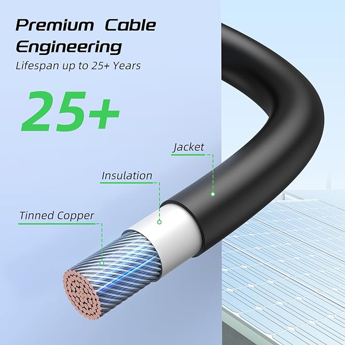 100FT 12AWG Solar Panel Extension Cable, Bateria Power 12 Gauge 4mm² PV Wire with Female & Male