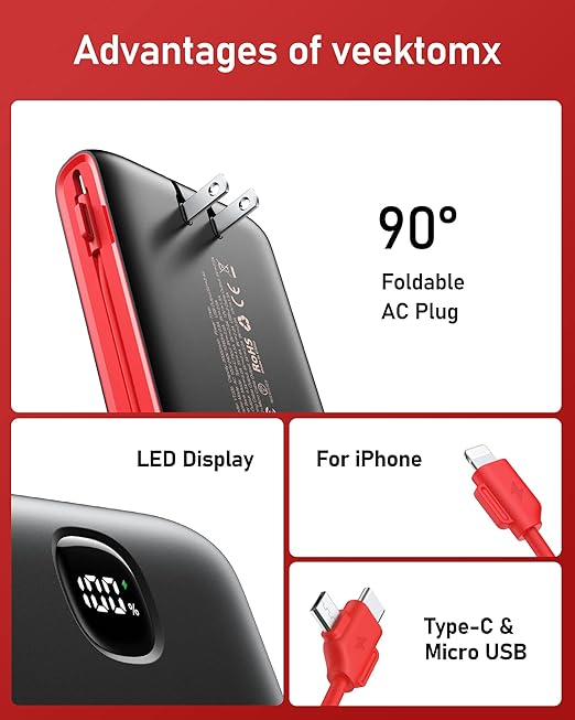 VEEKTOMX Portable Charger with Built in Cables 20000mAh, Power Bank for iPhone with AC Wall Plug