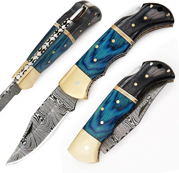 6.5 inch Damascus Pocket Knife with Sheath, Handmade Folding Pocket Knife for Men, Black-Red Wooden