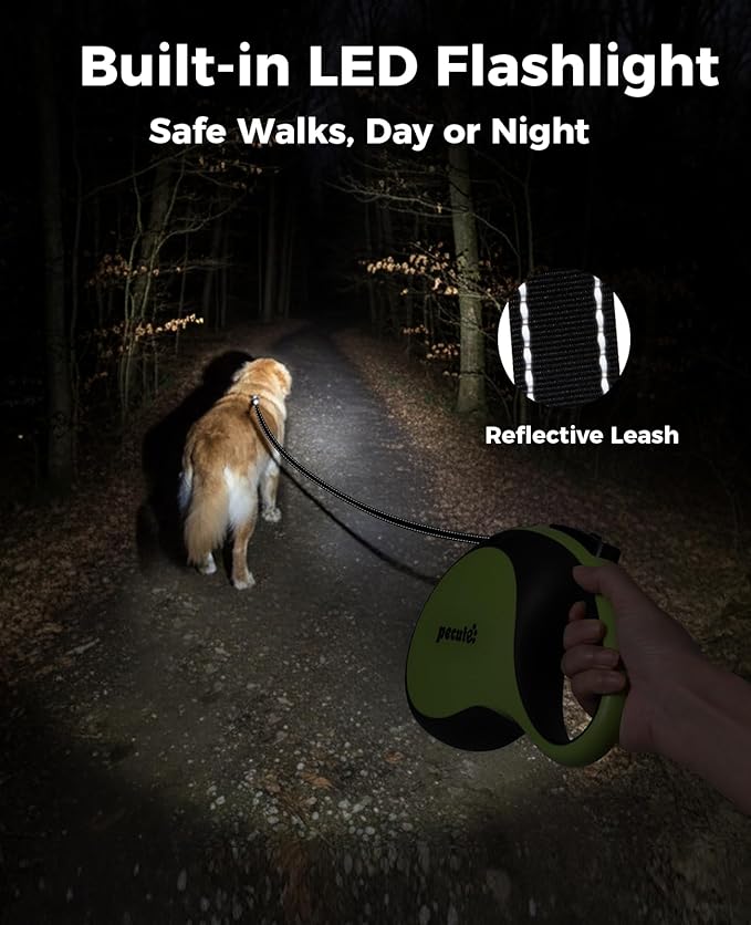 Retractable Dog Leash with Flashlight, 26ft Heavy Duty Retractable Pet Leash with Light, One-Button