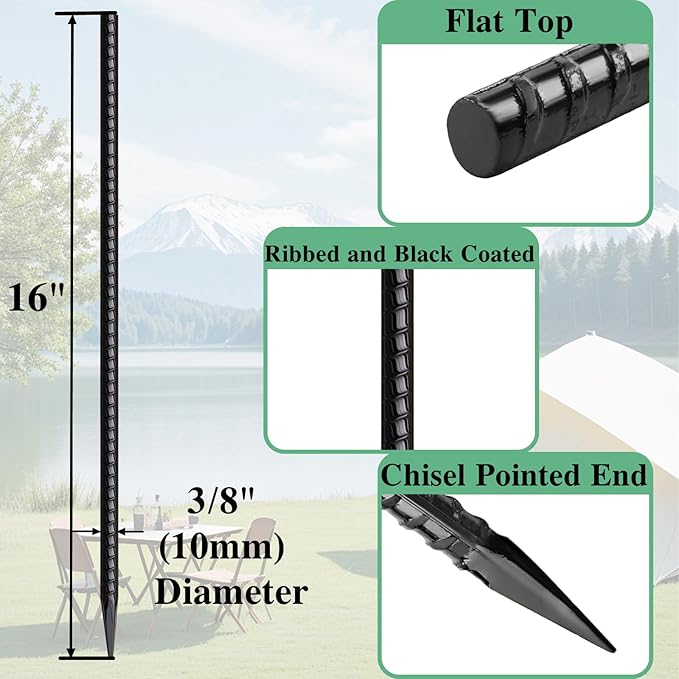 Rebar Stakes 16 Inch 20 Pack Heavy Duty Ground Anchors with Chisel Point End Long Straight Steel