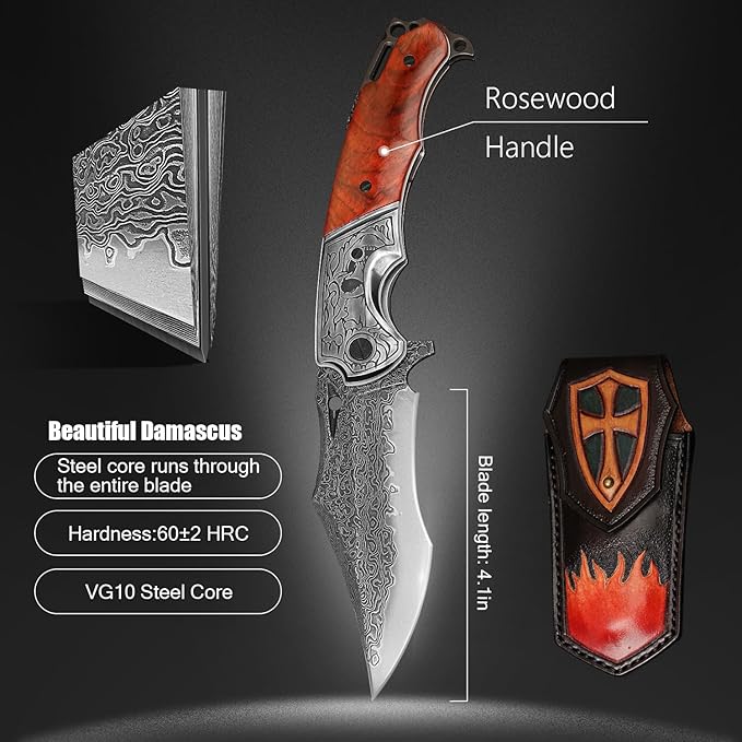 VG10 Core Damascus Steel Folding Knife Suitable for EDC, 4.13 "rosewood Handle, Lined Lock, Outdoor