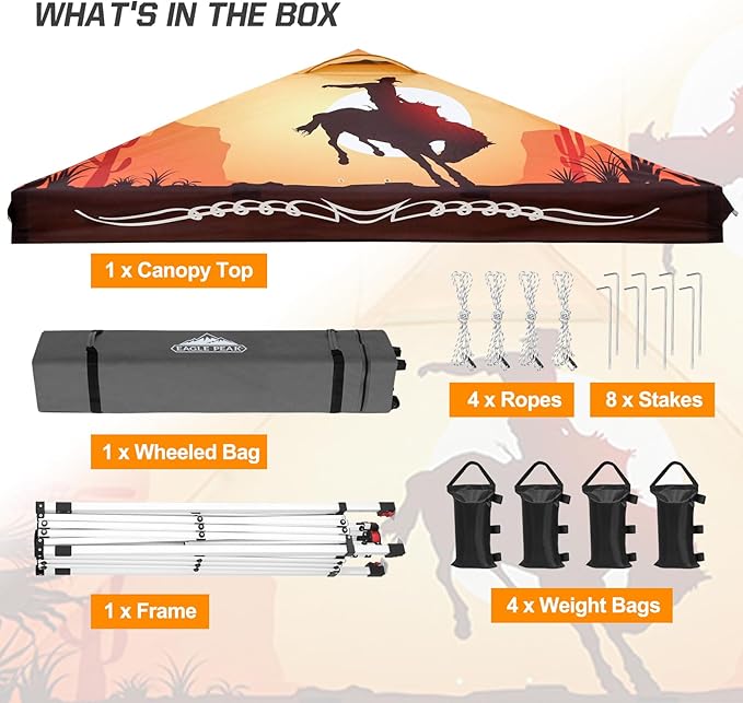 EAGLE PEAK Pop Up Canopy Tent with Wheeled Carry Bag, 8 Stakes, 4 Ropes, 4 Weight Bags, Easy Set Up