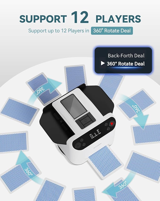 Automatic Card Shuffler and Dealer - 1-2 Decks Support 12 Players, 4 Drawing Remotes, Auto