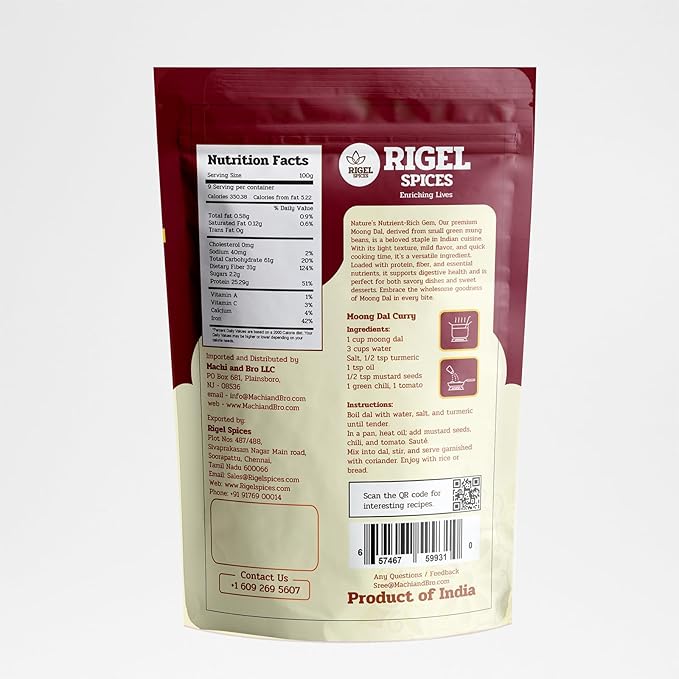 Rigel Spices Moong Dal 2 Lbs - Protein-Rich Yellow Mung Beans - Quick-Cooking Nutrient-Packed