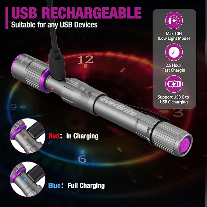 EverBrite Rechargeable Pen Flashlight with UV Light and White Light, 395nm Black Flashlight with