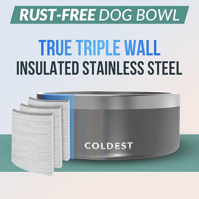Coldest Dog Bowl - Anti Rust Metal, Non Slip, 3 Layers Insulated Stainless Steel Dog Bowls - Spill