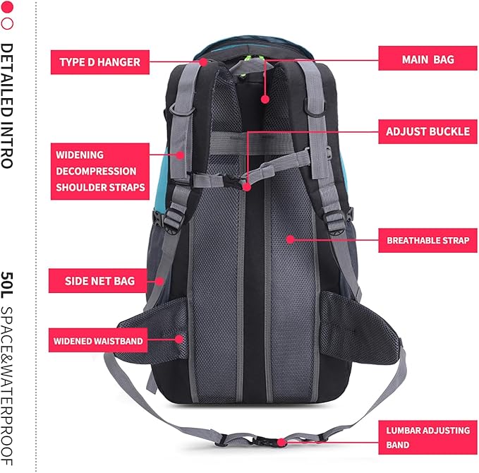 Bseash 50L Hiking Backpack, Water Resistant Lightweight Outdoor Sport Daypack Travel Bag for