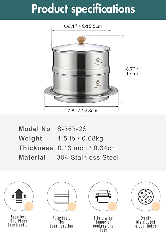 CAMPINGMOON Φ6.1'' Stainless Steel Double-layer Steamer for Diameter 5.9" to 7.7" cookers S363-2S