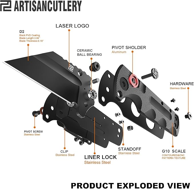 ARTISANCUTLERY Tactical Knife Proponent Normal Size(1820P) D2 Steel Black PVD Blade, Folding Pocket