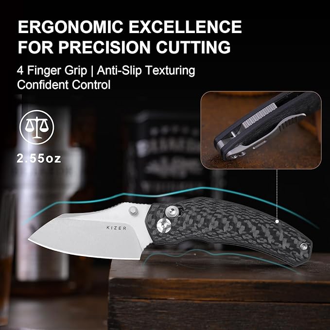 Kizer Mini Bulldog Pocket Knife, 2.5??S45VN Sheepsfoot Blade Folding Knife, Carbon Fiber Handle