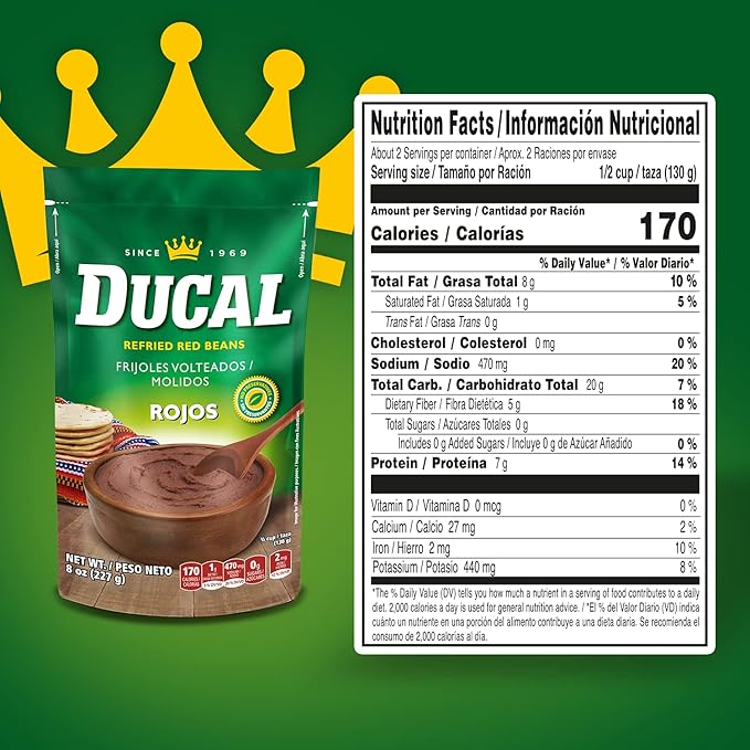 Ducal Refried Red Beans Pouch, 8 Ounce (Pack of 24) - Instant Vegetarian Refried Red Beans, Non-GMO