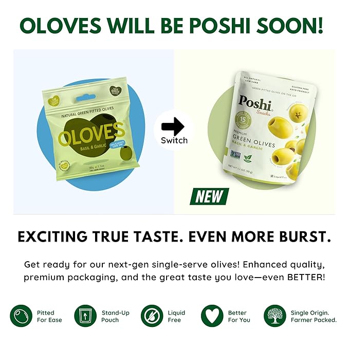 POSHI Green Pitted Olives - Basil & Garlic | Vegan, Kosher, Gluten Free + Keto Friendly, Fresh, Low