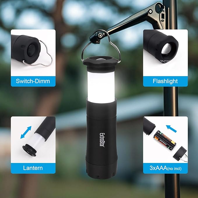 EXTRASTAR LED Camping Lanterns, 2-in-1 Battery Operated Flashlight, Zoomable Torch 3 Modes, Max 35