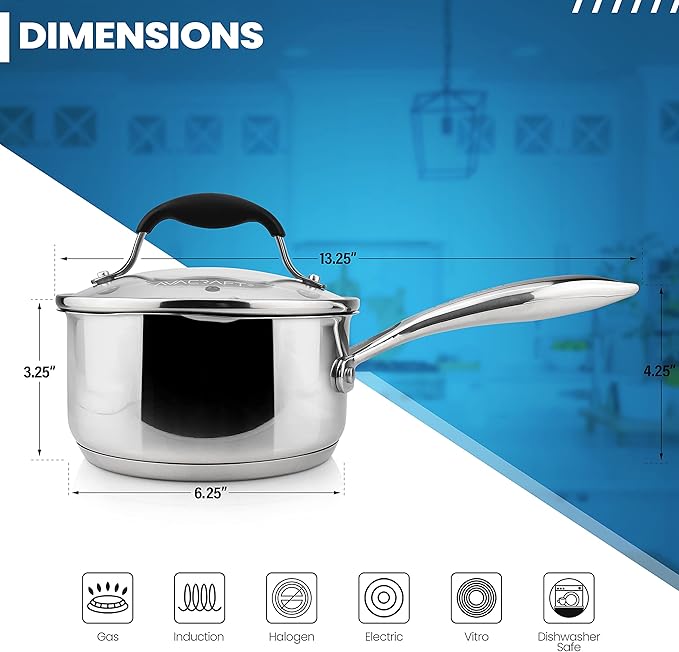 AVACRAFT Multipurpose Sauce Pan/Pot, Stainless Steel with Glass Strainer Lid, Two Side Spouts for
