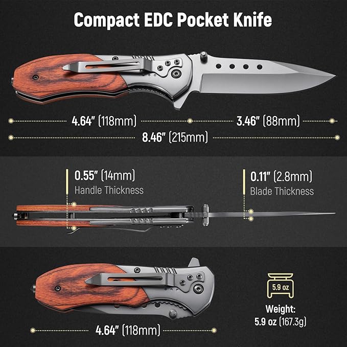 Pocket Knife for Men - Wood Handle Folding Pocket Knives with Clip, Glass Breaker - 3.46" Sharp