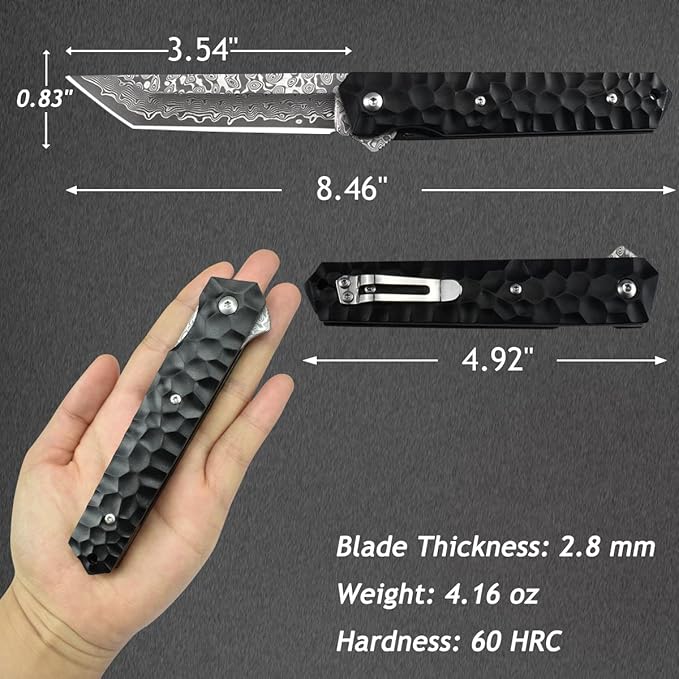 AUBEY Damascus Pocket Knife, Tanto VG10 Core Damascus Steel Folding Knives with Ball Bearing