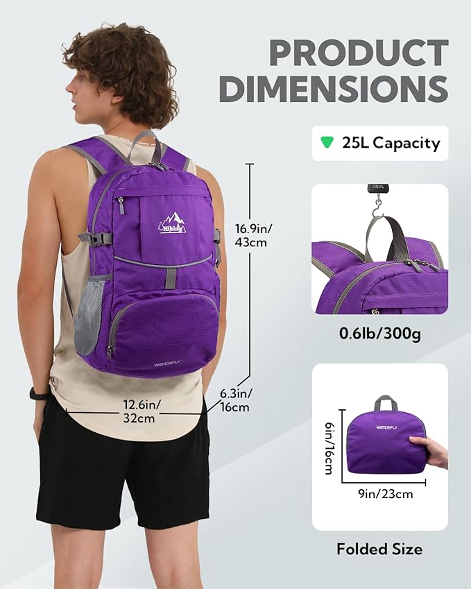 WATERFLY Hiking Foldable Daypack Backpack: 25L Ultra Lightweight Waterproof Day Pack for Woman Man