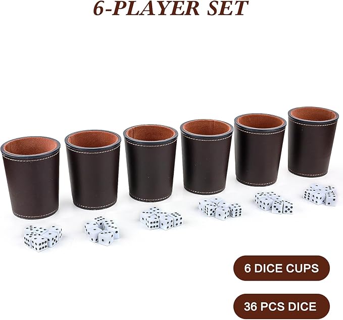 Felt-Lined PU Leather Dice Cup Set, 6 Quiet Dice Shaker Cups with 36 Dices for Bar Party Yahtzee
