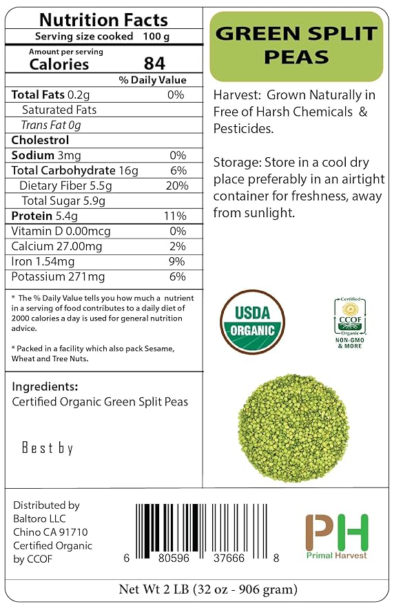 Organic Green Split Peas- Fiber & Protein rich, Raw, Non-GMO, Vegan Bulk-10LB