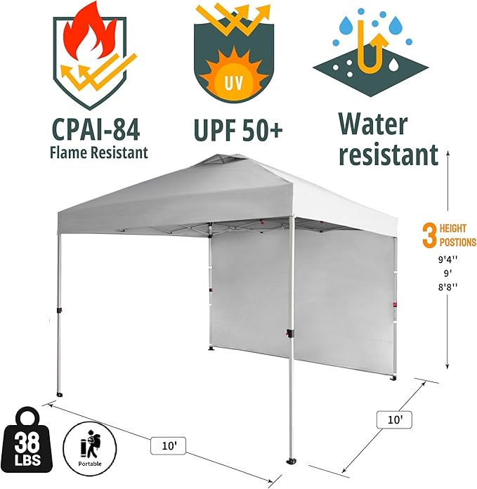 CROWN SHADES 10x10 Pop Up Canopy with 1 Side Wall - Beach Tent with One Push Setup - Outdoor Sun