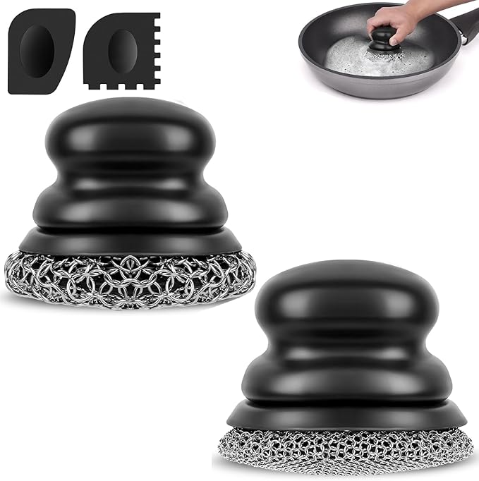 Onewly Cast Iron Scrubber (1Pack Black Coarse Mesh + 1Pack Black Fine Mesh) and and Scraper, Chain