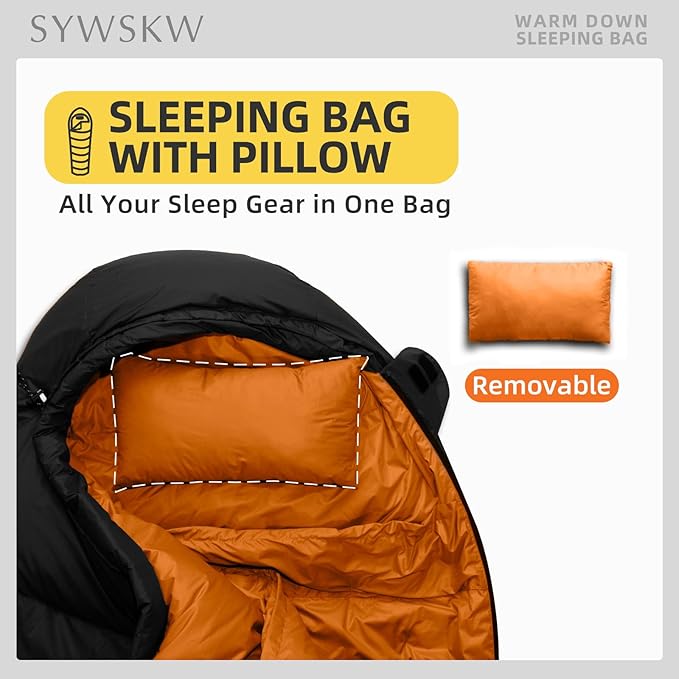 Down Sleeping Bag with Pillow, Lightweight Wide Sleeping Bag (86.6 in x 33.5 in) for Adults