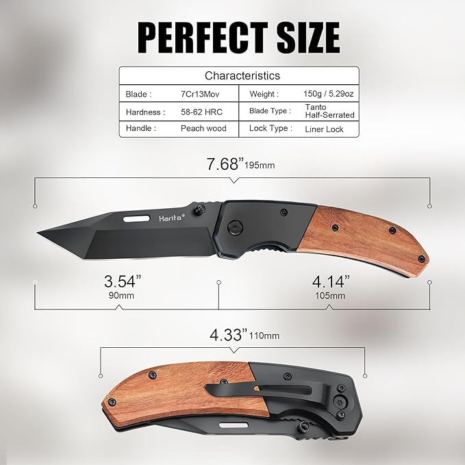 Harita Pocket Knife for Men, Folding Utility with Pocket Clip, Wood Handle EDC for Women with 3.4″