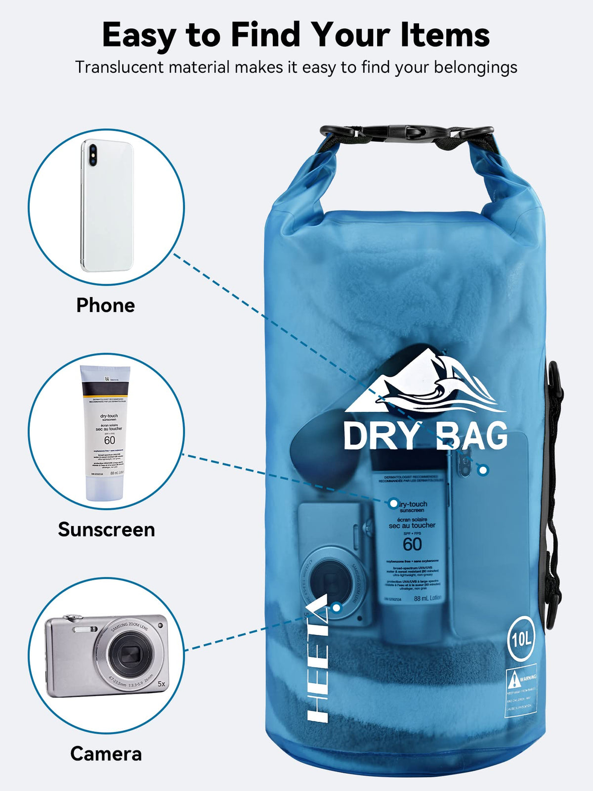 HEETA Dry Bag Waterproof Backpack with Phone Case (Transparent Blue, 5L)