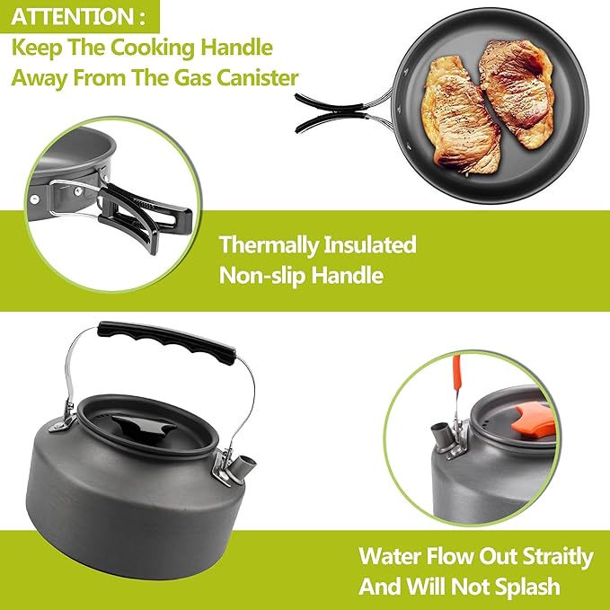 aiGear 3pcs Camping Cookware Mess Kit, Non-Stick Camping Pan Pot Kettle, Lightweight Aluminum