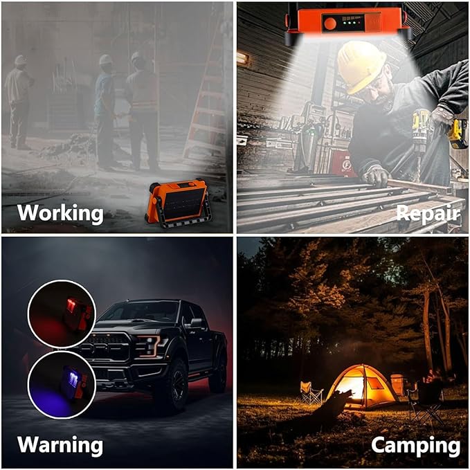 120W Solar Rechargeable Work Light, 144 LED 10000LM Portable Flood Light with Stand, IP66