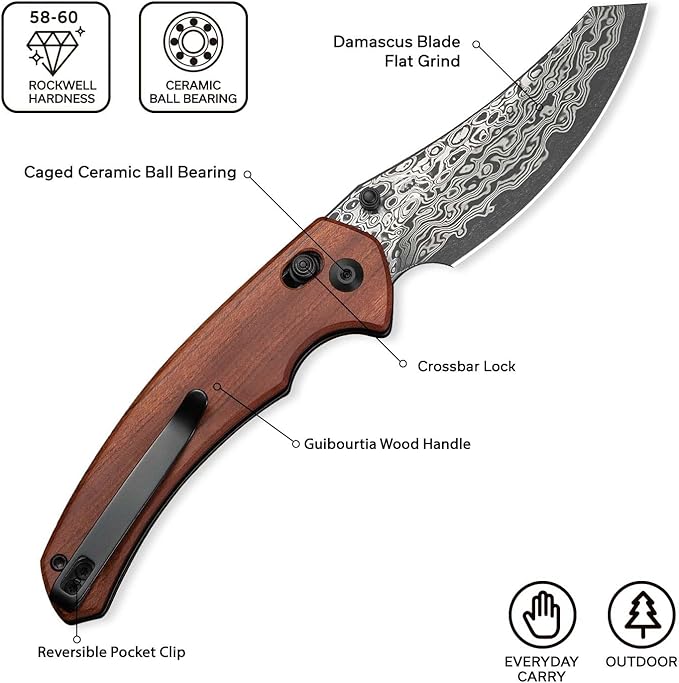 CIVIVI Sixgill Folding Pocket Knife for EDC, 3.41'' Damascus Blade Guibourtia Wood Handle, Deep