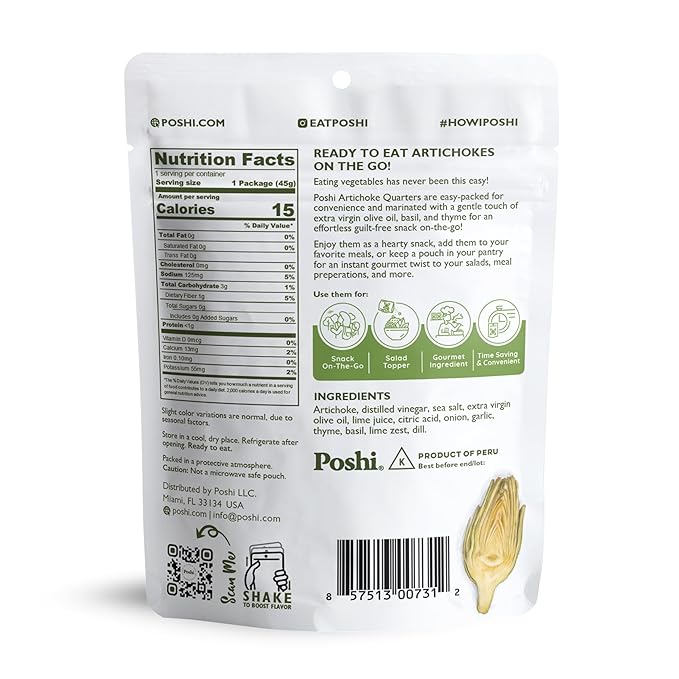 POSHI Artichoke Hearts with Basil and Thyme – Ready-to-Eat Snack Pack – Vegan, Keto, Low Carb