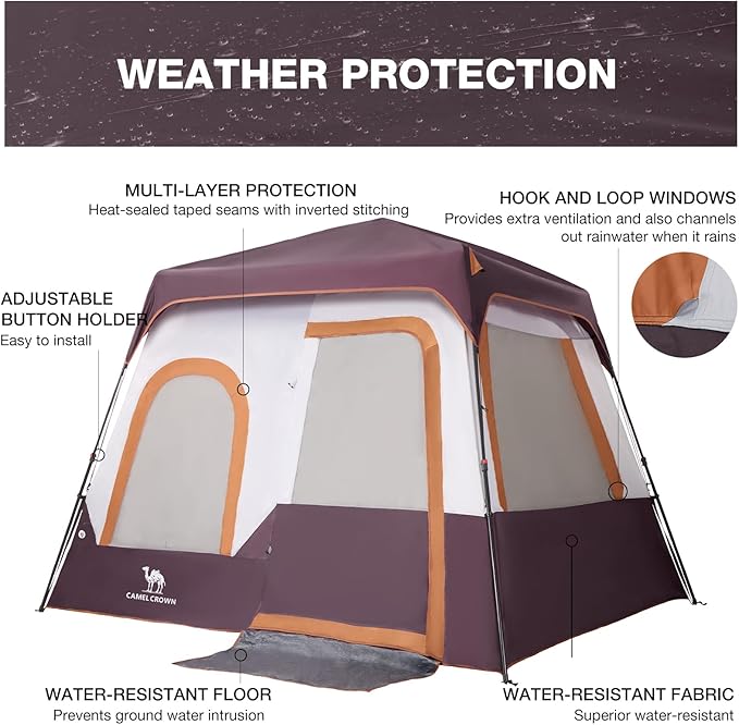 Camping Tents 4/6 Person Pop Up Instant Tent - Setup in 60s for Family Camping, Windproof Design