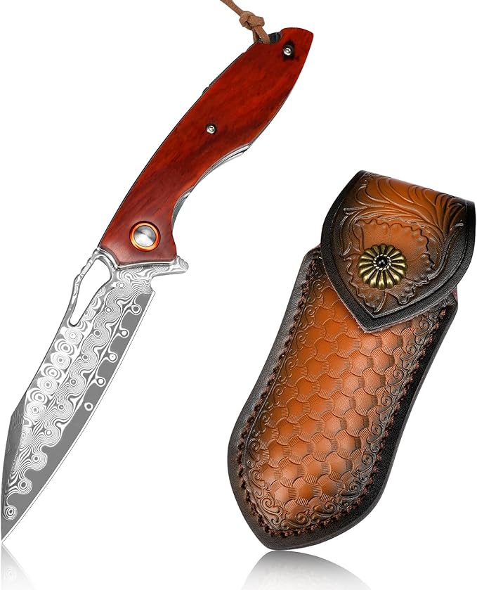 Damascus Pocket Knife 3.5" Damascus Steel Blade Foldable Knives with Wooden Handle EDC Camping