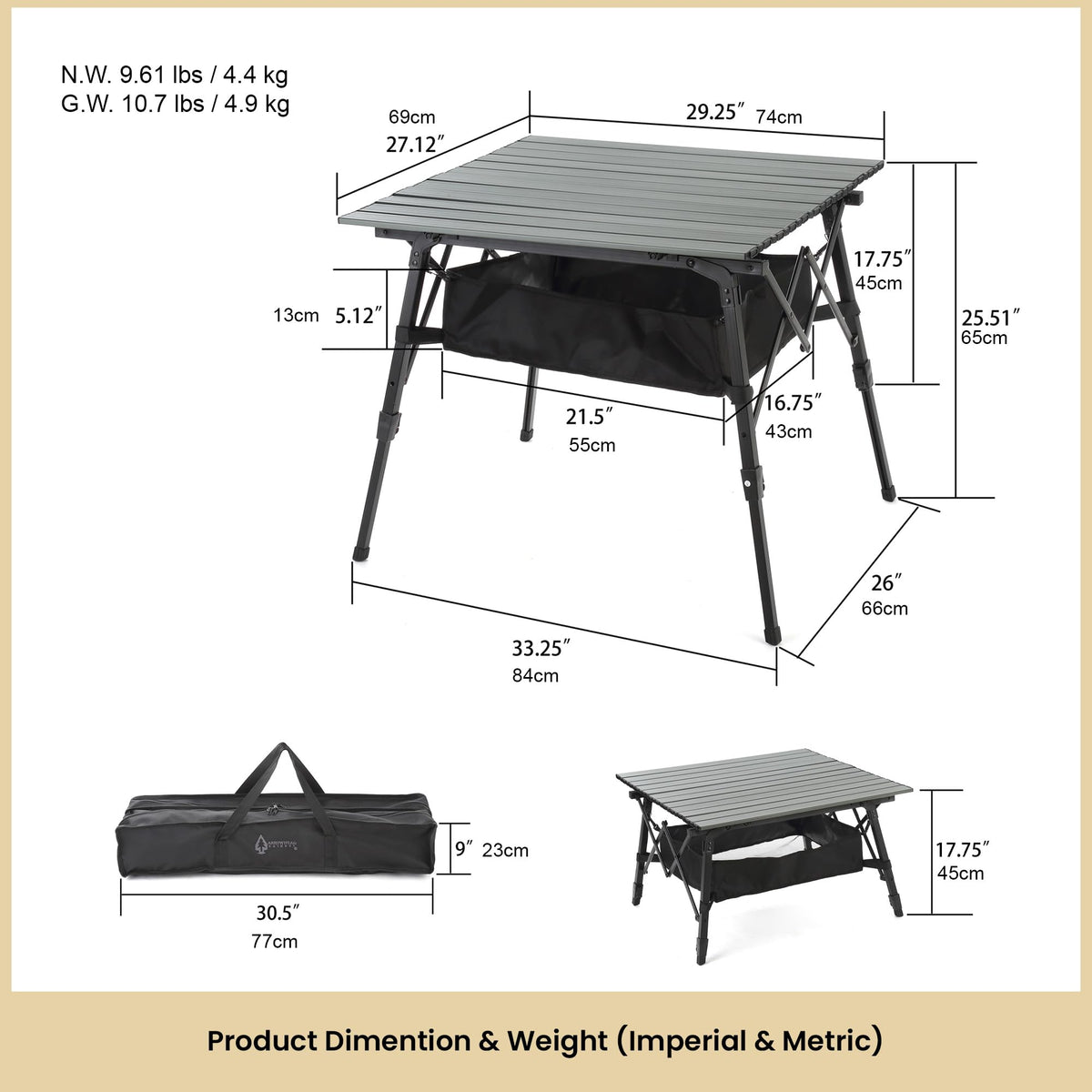 ARROWHEAD OUTDOOR 39 in Aluminum Folding Camp Roll Up Table, Camping