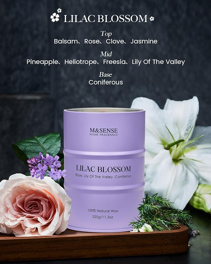 M&SENSE Lilac Blossom Soy Candles for Home Scented, 11.3oz 70 Hour Long Burning Aromatherapy Candle