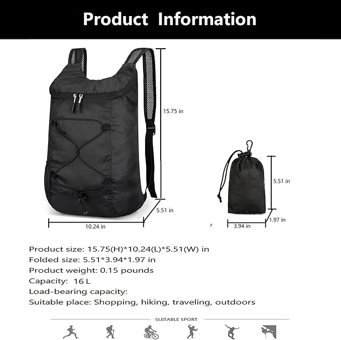 16L Lightweight Foldable Hiking-Backpack Small Packable-Daypack For Travel,Ultralight