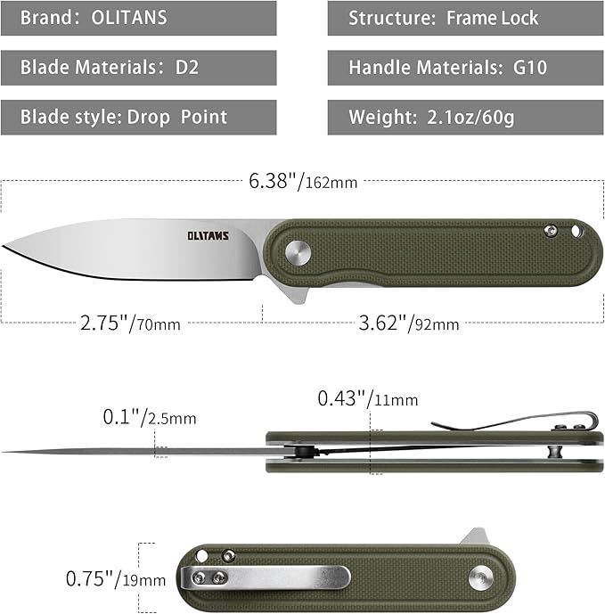 G040 Pocket Knife, 2.75'' D2 Steel Blade G10 handle, Small EDC Knife with Pocket Clip for Men