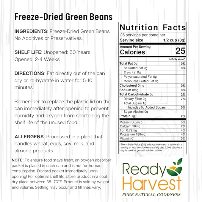 Ready Harvest Freeze Dried Food - Green Beans | Emergency Food | Camping Vegetables | #10 Can |