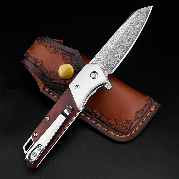 KOMWERO Damascus Pocket Knife with Clip Leather Sheath, 3.14 inch Sharp Damascus Steel Knife with