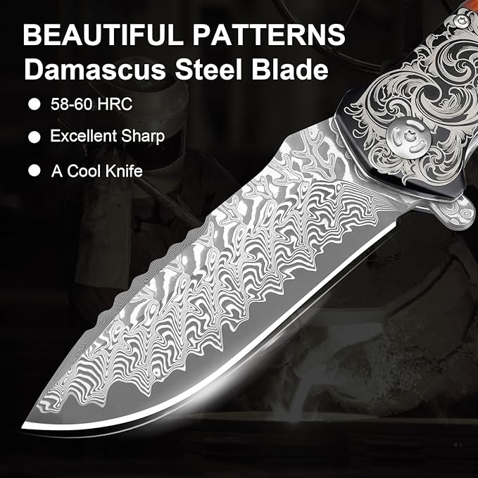Pocket Knife with Glass Breaker, EDC Damascus Folding Knife with Seatbelt Cutter, 3.35" VG10