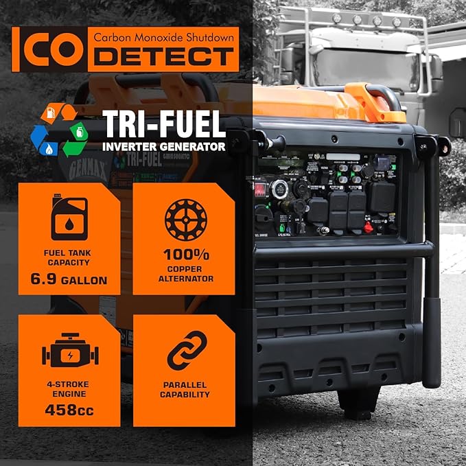 GENMAX Tri Fuel Generator,10500-Watt 458cc Tri Fuel Gasoline Propane Natural Gas Portable 50A